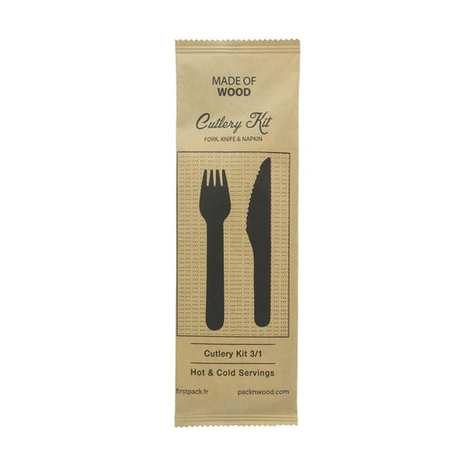 Kit couverts bois 3 / 1: couteau fourchette serviette, emballage kraft  16,5 cm - 50 unités