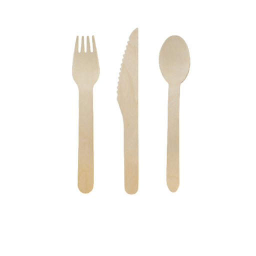 Kit couverts bois 3/1: couteau fourchette cuillère, emballage transparent - 16,5 cm - 50 unités