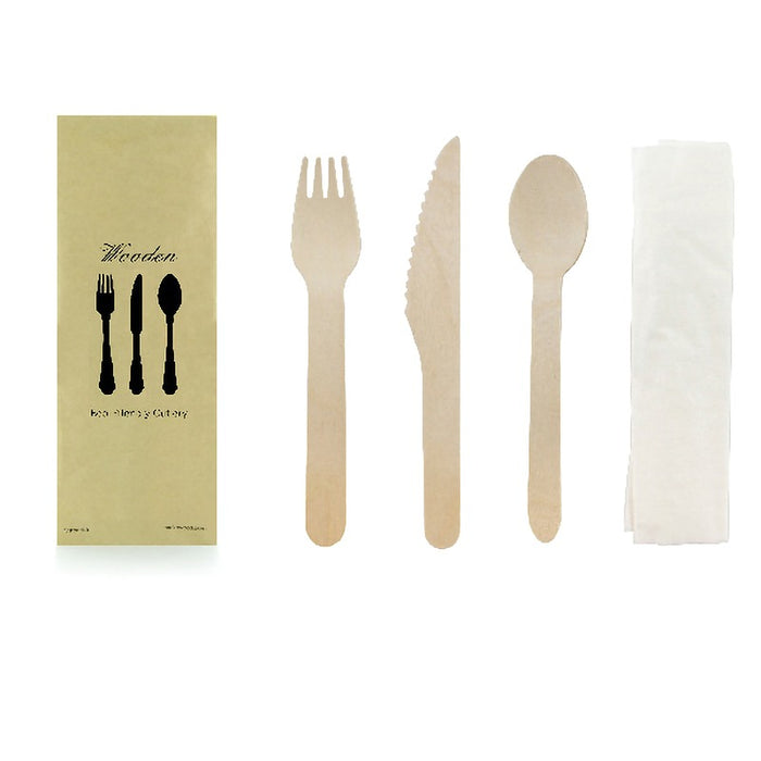 Kit couverts bois 4/1: couteau fourchette cuillère serviette, emballage kraft 16,5 cm - 50 unités