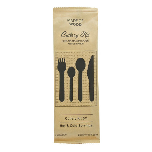 Kit couverts 16,5 cm bois 5 / 1: couteau fourchette petite&grande cuillère serviette, emballage kraft - 50 unités