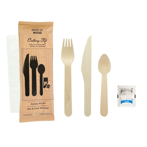 Kit couv bois 6 / 1: cout, four, cuil café, serv, sel, poivre, emb kraft 16,5 cm - 50 unités
