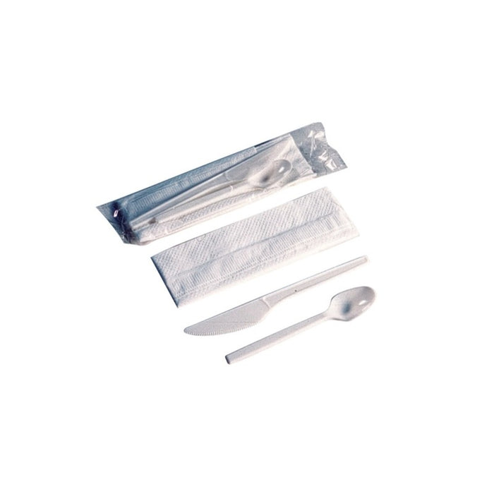 Kit couvert 17 cm petit déjeuner plastique PS blanc 3 en 1: couteau cuillère serviette - 250 unités
