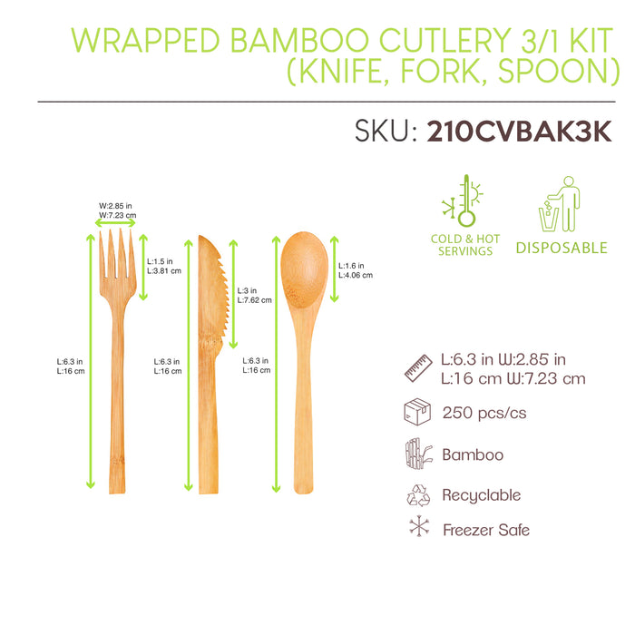 Kit couverts bambou 3/1, emballage kraft - 16 cm - 50 unités