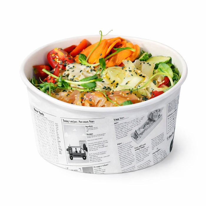 Pot "Deli" rond en carton décor Journal 600 ml - Ø 11,4 cm - H 8,7 cm - 50 unités
