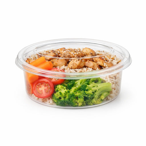 Pot Deli rond PET avec couvercle plat attaché  250ml Ø115mm, 50pcs