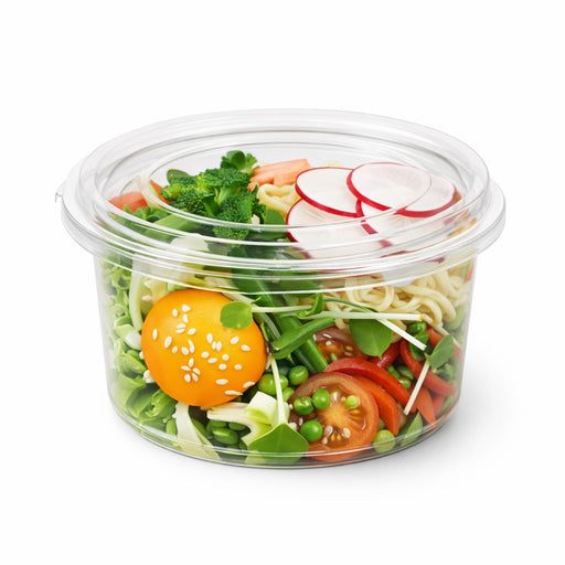 Pot Deli rond PET avec couvercle plat attaché 400 ml - Ø 11,5 cm - H 6 cm - 50 unités