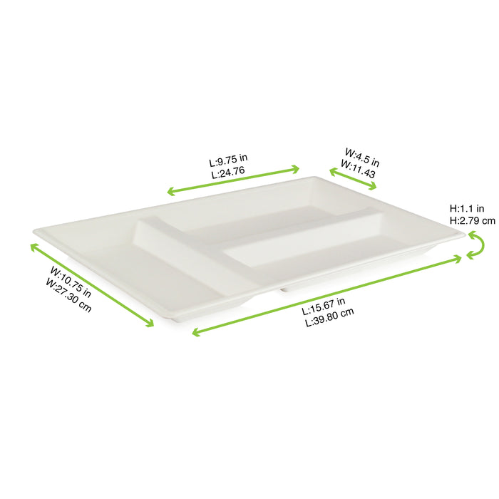 Plateau repas blanc en pulpe 3 compartiments - 40 cm x 28 cm x 2,8 cm - 25 unités