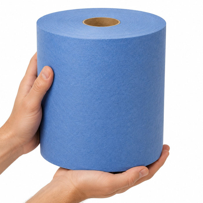 Bobine d'essuyage multi-usages non tissé bleu - 32 cm x 38 cm - 152 m - en main