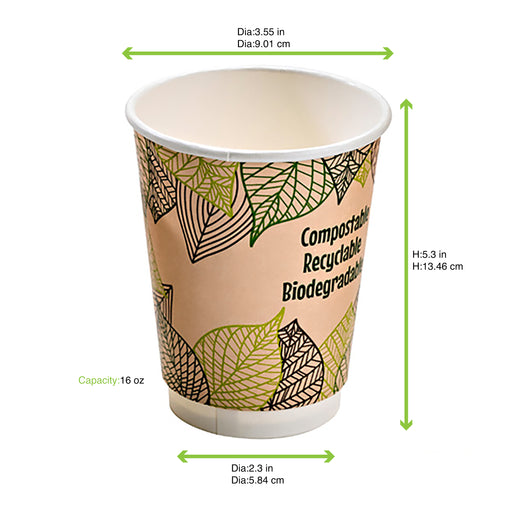 Gobelet carton double paroi PLA - 470 ml - Ø 9 cm - H 13,7 cm - 25 unités