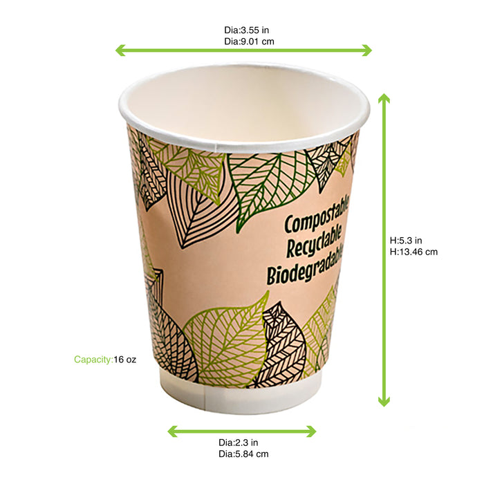 Gobelet carton double paroi PLA - 470 ml - Ø 9 cm - H 13,7 cm - 25 unités