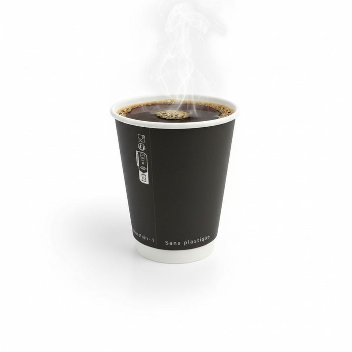 Gobelet carton double paroi noir sans plastique - 350 ml - Ø 9 cm - H 11 cm - 25 unités