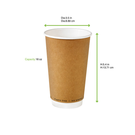 Gobelet carton double paroi kraft PLA - 470 ml - Ø 9 cm - H 13,6 cm - 25 unités