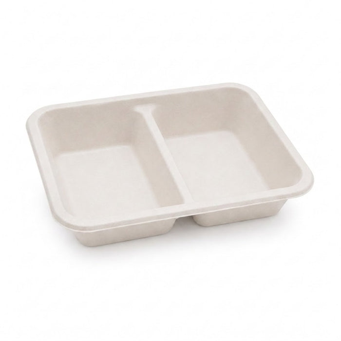 Barquette scellable blanche en pulpe laminée PLA "menu" à 2 compartiments - 1060 ml - 22,7 cm x 17,8 cm x 4,5 cm - 50 unités