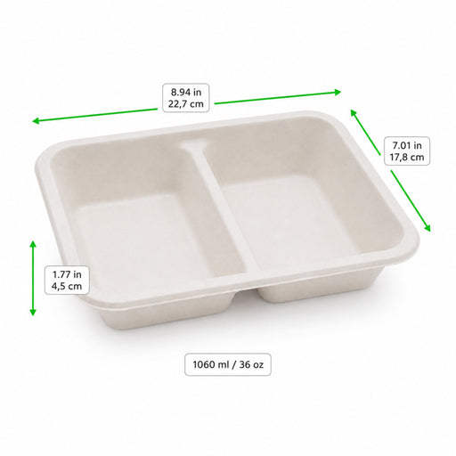 Barquette scellable blanche en pulpe laminée PLA "menu" à 2 compartiments - 1060 ml - 22,7 cm x 17,8 cm x 4,5 cm - 50 unités