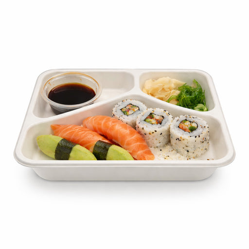 Barquette scellable blanche en pulpe laminée PLA "menu" à 3 compartiments - 890 ml - 22,7 cm x 17,8 cm x 4,5 cm - 50 unités