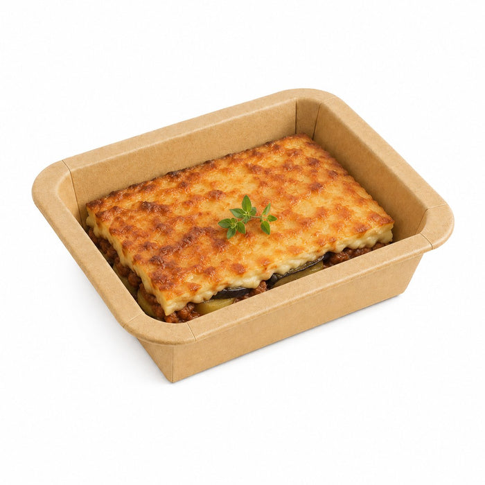 Barquette scellable gastronorme 1/8 en carton brun pelliculée PP - 450 ml - 16 cm x 13 cm x 3,6 cm - en situation