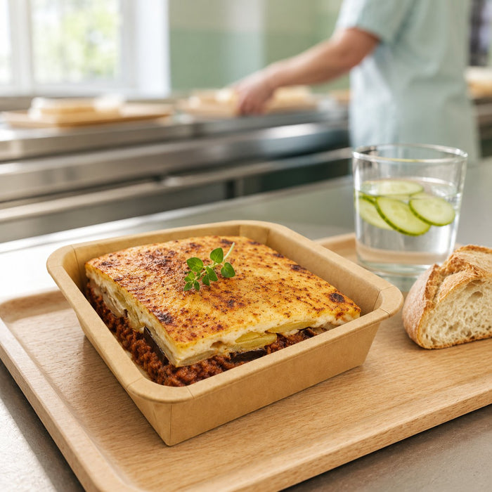 Barquette scellable gastronorme 1/8 en carton brun pelliculée PP - 450 ml - 16 cm x 13 cm x 3,6 cm - ambiance