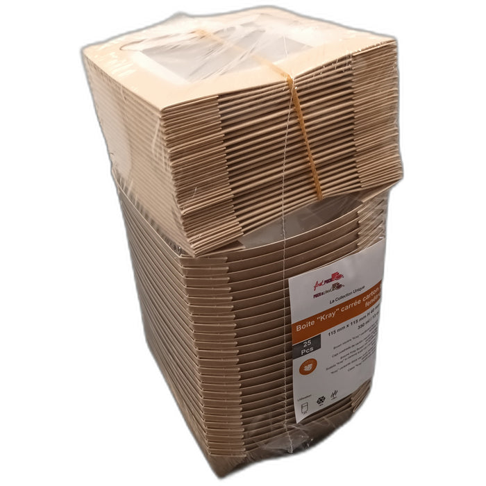 Boîte "Kray" carrée carton brun avec couvercle à fenêtre - 350 ml - 11,5 cm x 11,5 cm x 4 cm - 25 unités