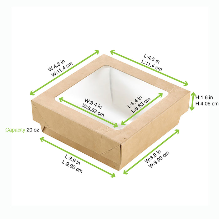 Boîte "Kray" carrée carton brun avec couvercle à fenêtre - 350 ml - 11,5 cm x 11,5 cm x 4 cm - 25 unités