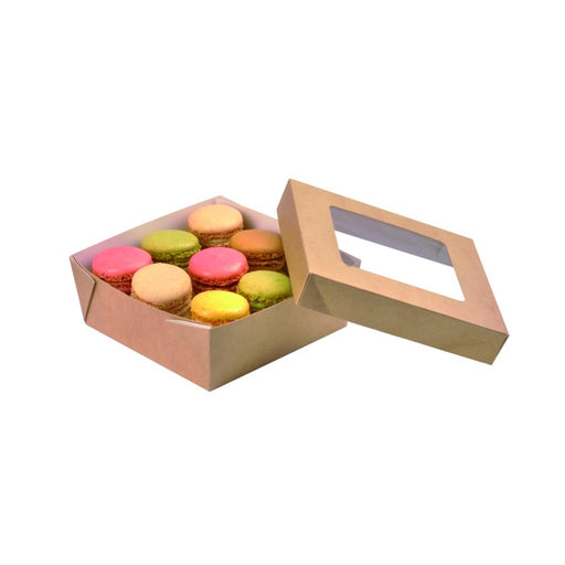 Boîte "Kray" carrée carton brun avec couvercle à fenêtre 700 ml 13,5 cm x 13,5 cm x 5 cm - 25 unités