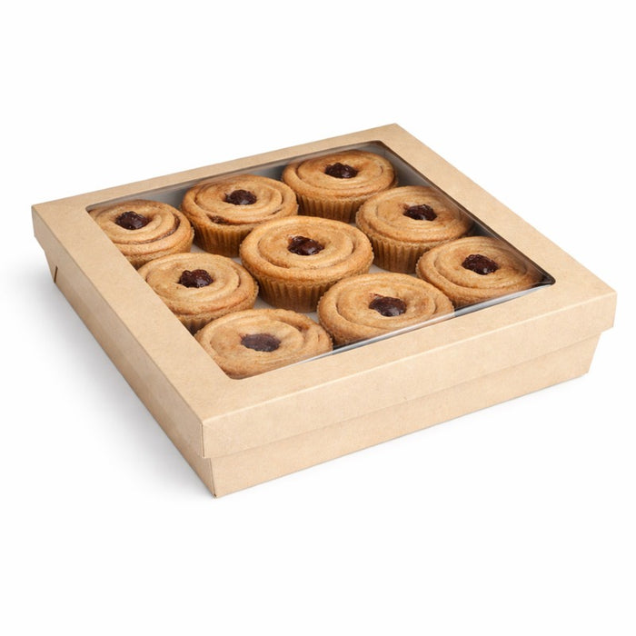 Boîte "Kray" carrée carton brun avec couvercle à fenêtre 4200 ml 24,5 cm x 24,5 cm x 8 cm - 25 unités
