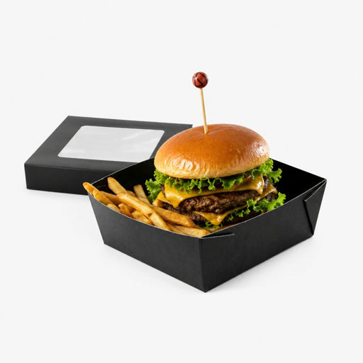 Boîte "Kray" carrée carton noir avec couvercle à fenêtre 13,5 cm x 13,5 cm x 5 cm - 25 unités