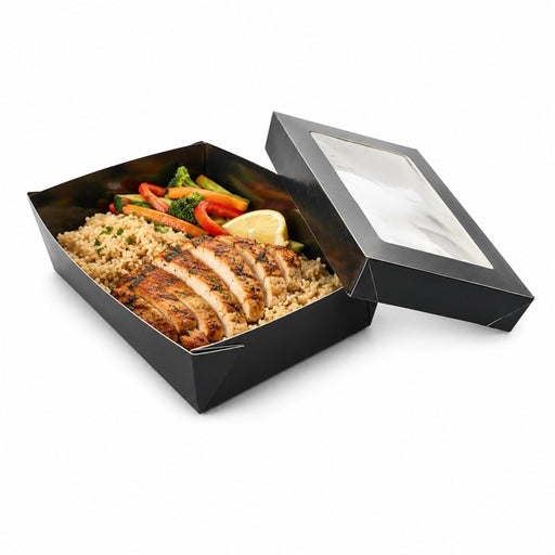 Boîte "Kray" rectangulaire carton noir avec couvercle à fenêtre 22,5 x 15,5 x 5 cm - 25 unités