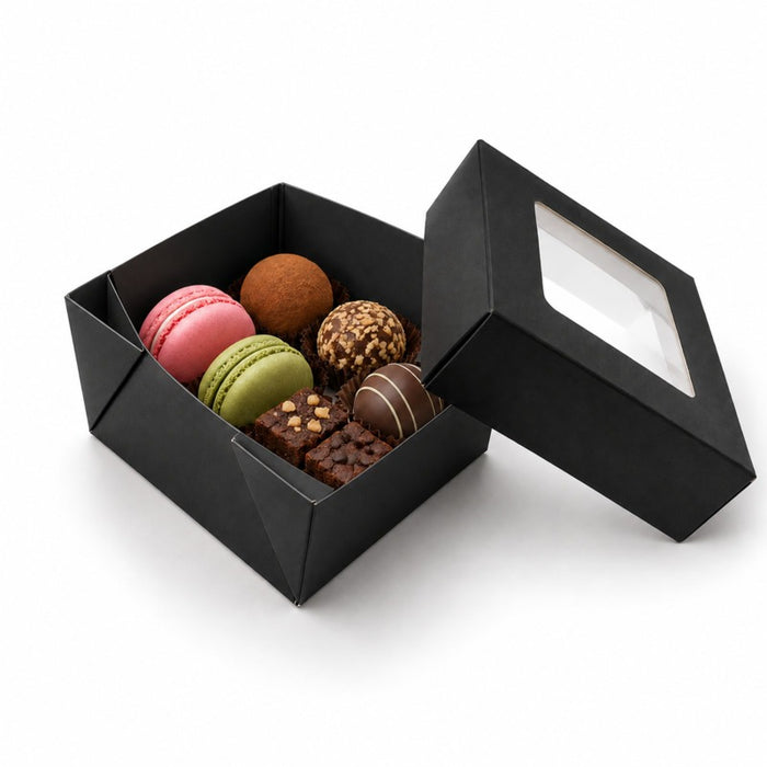 Boîte "Kray" carrée carton brun avec couvercle à fenêtre 8,5 cm x 8,5 cm H 4 cm 200ml - 25 unités