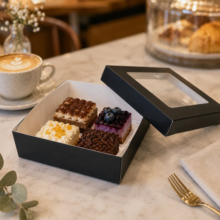 Boîte "Kray" carrée carton noir avec couvercle à fenêtre - 950 ml - 15,5 cm x 15,5 cm x 5,3 cm - ambiance