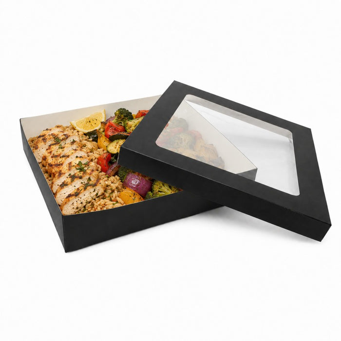 Boîte "Kray" carrée carton noir avec couvercle à fenêtre 26,5 cm x 26,5 cm H 5 cm 3000ml - 25 unités
