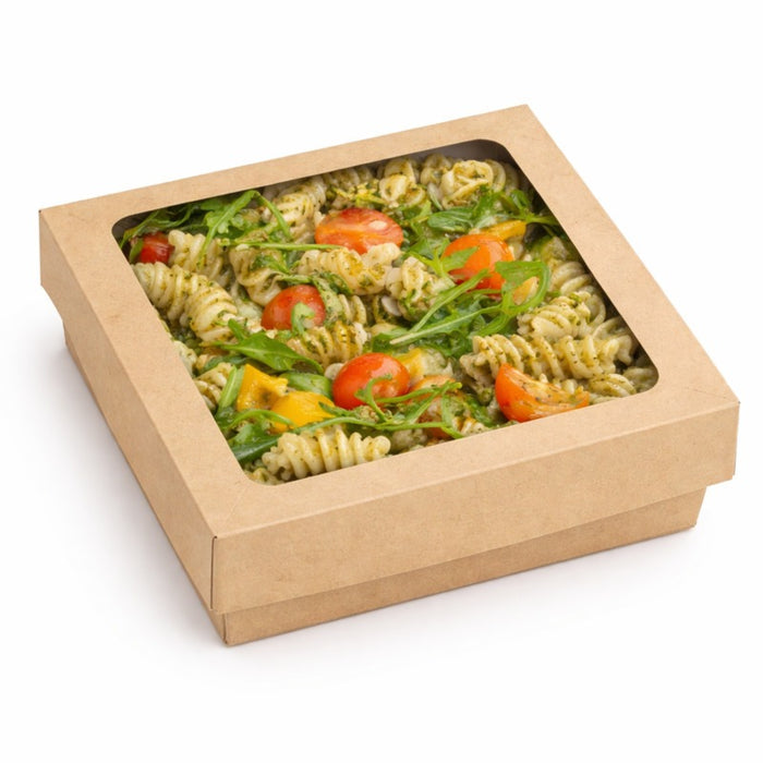 Boîte "Kray" carrée carton brun avec couvercle à fenêtre en PLA 900 ml 15,5 cm x 15,5 cm x 5 cm - 25 unités
