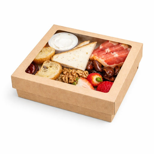Boîte "Kray" carrée carton brun avec couvercle à fenêtre en PLA 1300 ml 20,5 cm x 20,5 cm x 4 cm - 50 unités