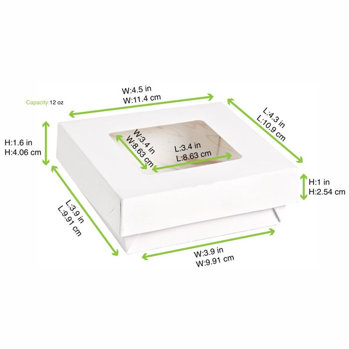 Boîte "Kray" carrée carton blanc avec couvercle à fenêtre 350 ml 11,5 cm x 11,5 cm x 4 cm - 25 unités