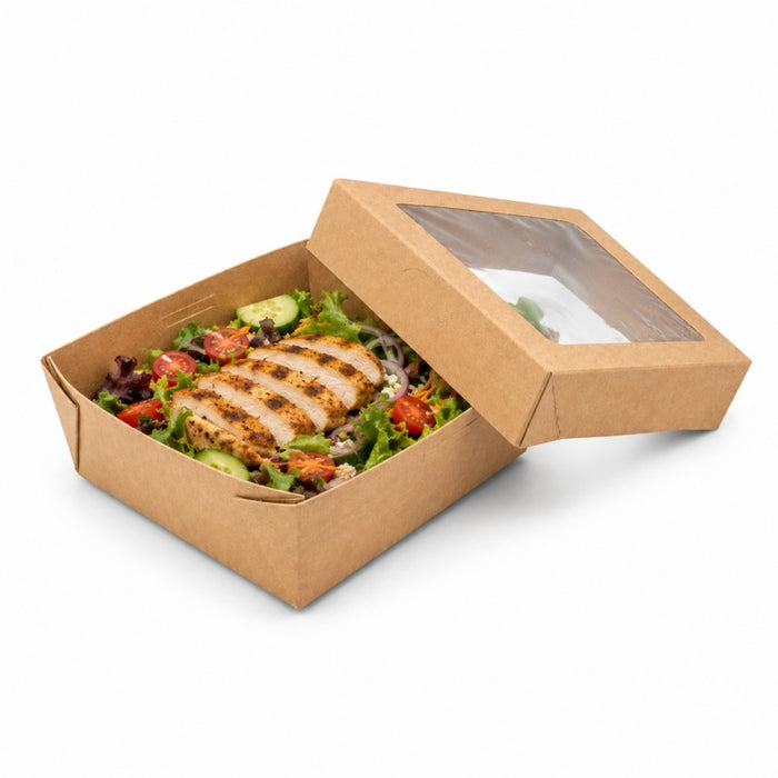 Boite Kray carrée carton brun avec couvercle à fenêtre 350ml 11,5 cm x 11,5 cm H 5 cm - 25 unités