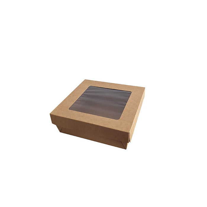 Boite Kray carrée carton brun avec couvercle à fenêtre 950ml 15,5 cm x 15,5 cm H 5 cm - 25 unités
