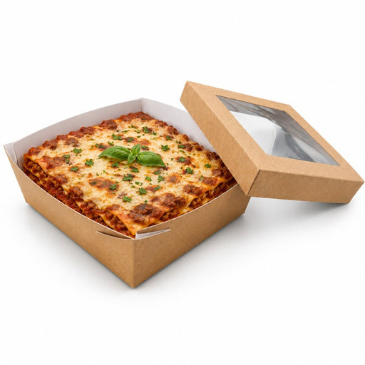 Boîte "Kray" carrée carton brun avec couvercle à fenêtre 20 cm x 20 cm x 6,5 cm - 25 unités