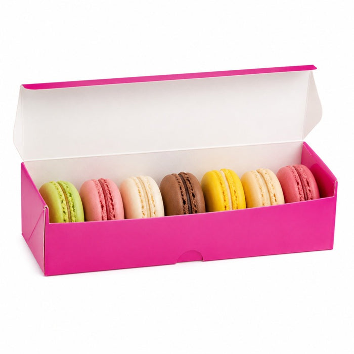 Boîte carton rectangulaire Fushia 7 macarons ? Parfaite pour vente et présentation élégante, 50 pièces