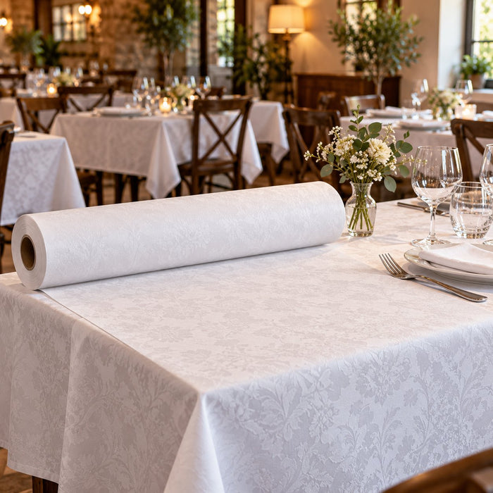 Nappe en rouleau cellulose damassée blanche - 100 m x 1,2 m - ambiance