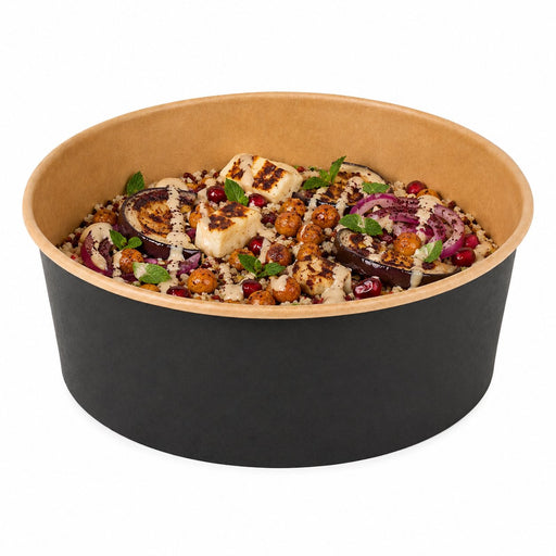 Saladier rond "Buckaty" en carton kraft noir - 1300 ml - Ø 18,3 cm - H 6,5 cm - en situation