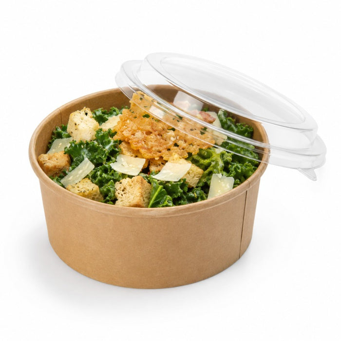 Combo saladier rond "Buckaty" en carton kraft + couvercle PET - 1250 ml - Ø 18,5 cm - H 6,5 cm - 25 unités