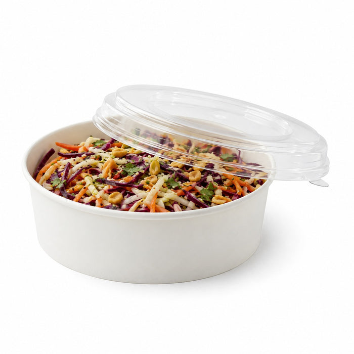 Combo saladier rond "Buckaty" en carton blanc + couvercle PET - 550 ml - Ø 15 cm - H 5 cm - 50 unités