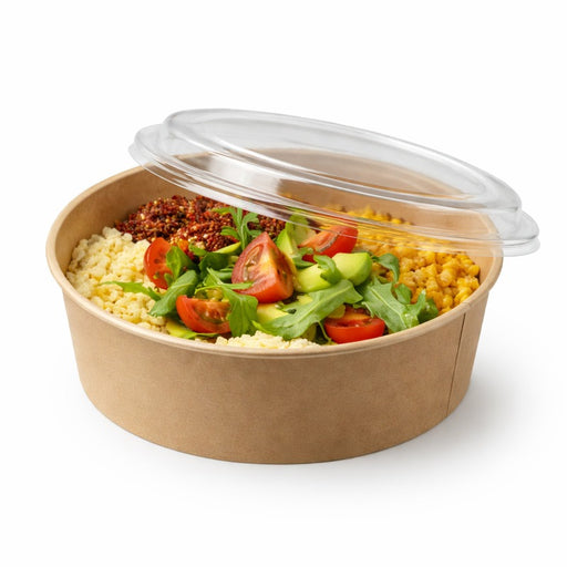 Saladier rond "Buckaty" en carton kraft avec couvercle PP - 1200 ml - Ø 18,5 cm - H 6,5 cm - 25 unités
