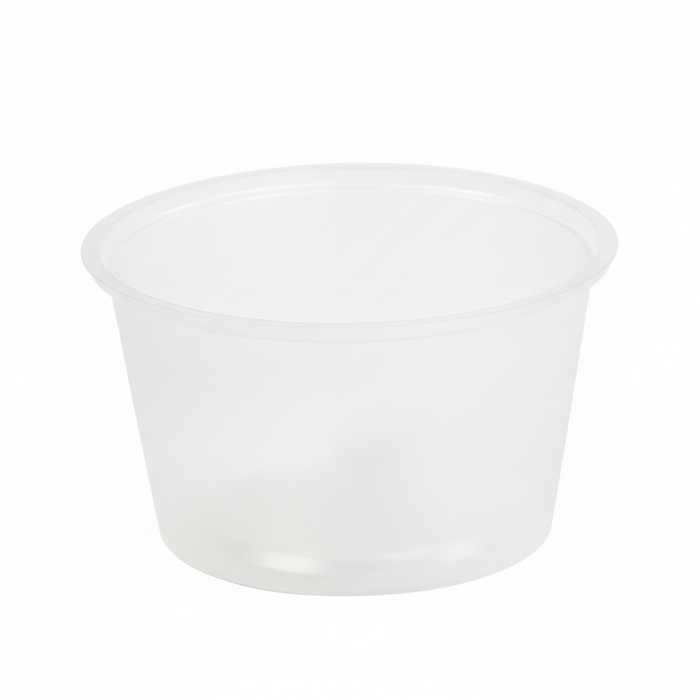 Pot à sauce rond en plastique PP transparent - 110 ml - Ø 7 cm - H 4,3 cm - 100 unités