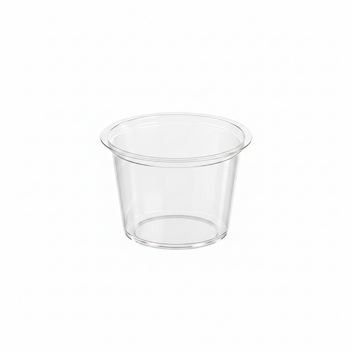 Pot à sauce rond en plastique PET transparent - 50 ml - Ø 6,5 cm - H 2,8 cm - 100 unités