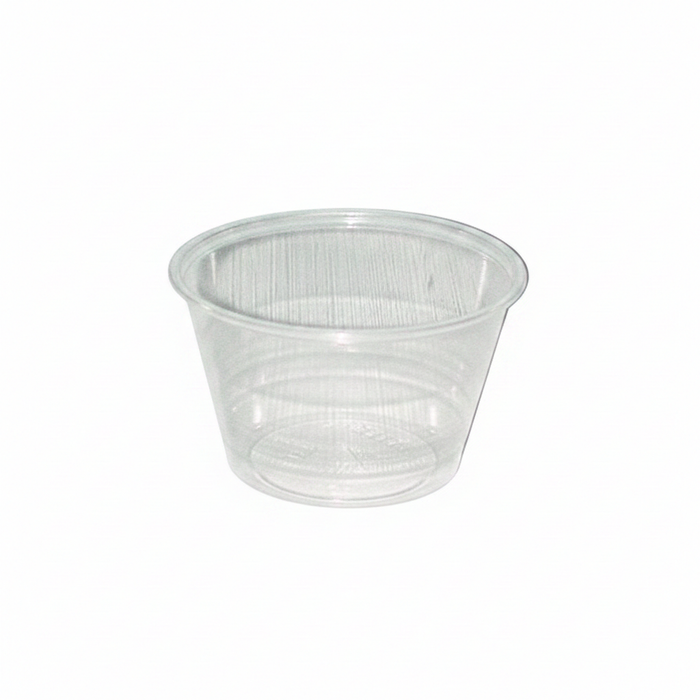 Pot à sauce rond en plastique PET transparent - 150 ml - Ø 7,4 cm - H 6 cm - 2500 unités