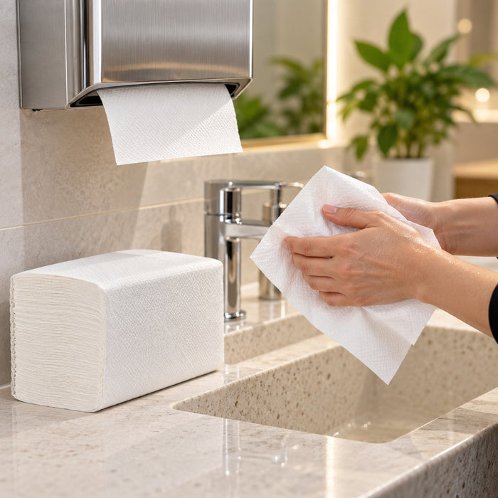 Serviette essuie-main blanche 2 plis pliage en W - 16,2 cm x 32 cm - ambiance