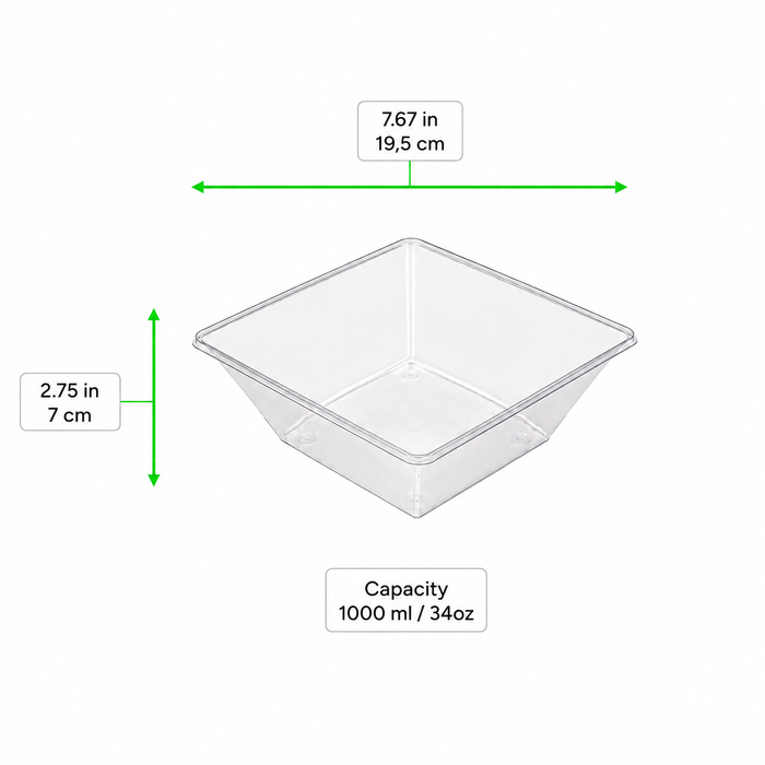 Saladier PET carré transparent 1000 ml 19,5 cm x 19,5 cm x 7 cm - 100 unités