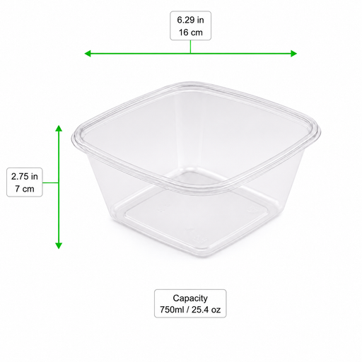 Saladier plastique PET carré transparent 750 ml 16 cm x 16 cm x 7 cm - 100 unités