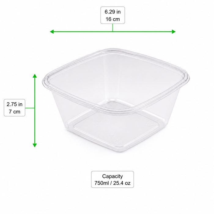 Saladier plastique PET carré transparent 750 ml 16 cm x 16 cm x 7 cm - 100 unités