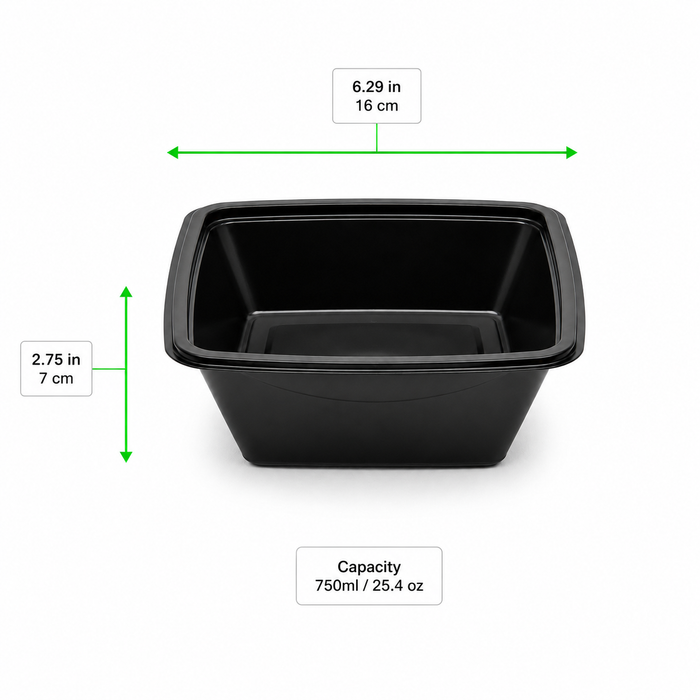 Saladier PET carré noir 750 ml 16 cm x 16 cm x 7 cm - 100 unités